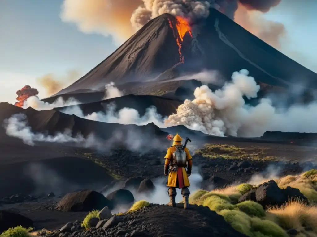 Un grupo de personajes diversos se adapta a un entorno volcánico intenso, con lava y humo, bajo un cielo oscuro iluminado por erupciones de fuego