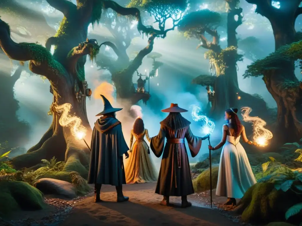 Un grupo de personajes diversos de diferentes mundos ficticios reunidos en un bosque místico, envueltos en una magia en mundos ficticios