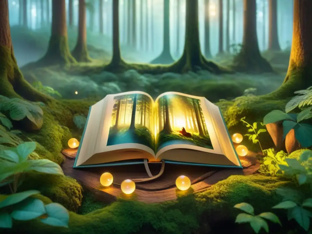 Grupo de personajes ficticios en un bosque mágico con un libro brillante