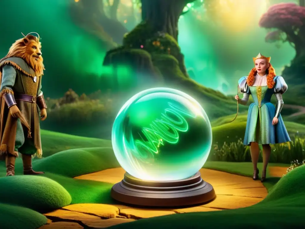 Un grupo de personajes secundarios de 'El Mago de Oz' se reúnen alrededor de una bola de cristal verde esmeralda, bajo la luz de Glinda la Bruja Buena