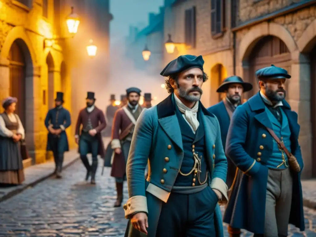 Un grupo de revolucionarios en una calle de la Francia del siglo XIX, iluminados por una antorcha