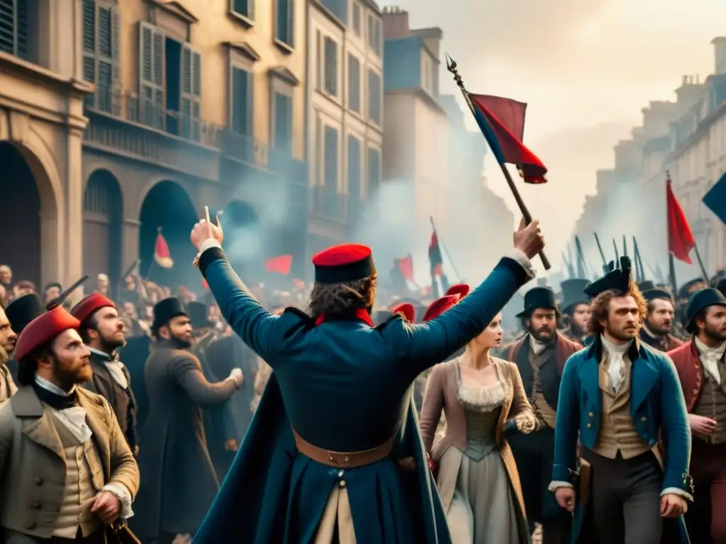 Grupo de revolucionarios de 'Los Miserables' marchando con banderas en las calles, reflejando la intensidad y pasión de la revolución