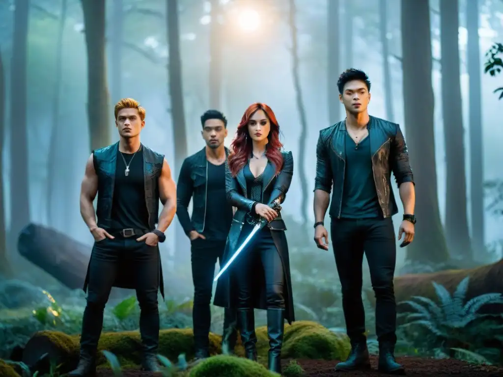 Un grupo de Shadowhunters en un bosque místico, listos para la batalla bajo la luz de la luna