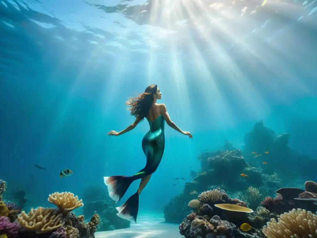 Un grupo de sirenas elegantes y misteriosas nadan en un escenario submarino lleno de magia y encanto