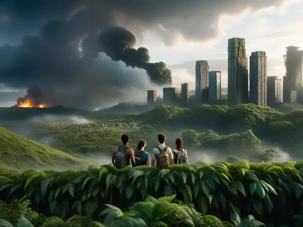 Un grupo de sobrevivientes en un mundo postapocalíptico de 'The Maze Runner', observando la reconstrucción con determinación y incertidumbre