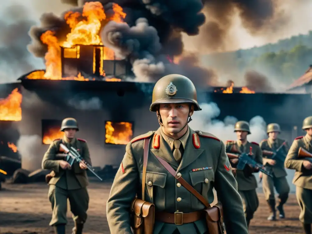 Un grupo de soldados en uniformes de la Segunda Guerra Mundial, liderados por un oficial severo, frente a un edificio en llamas