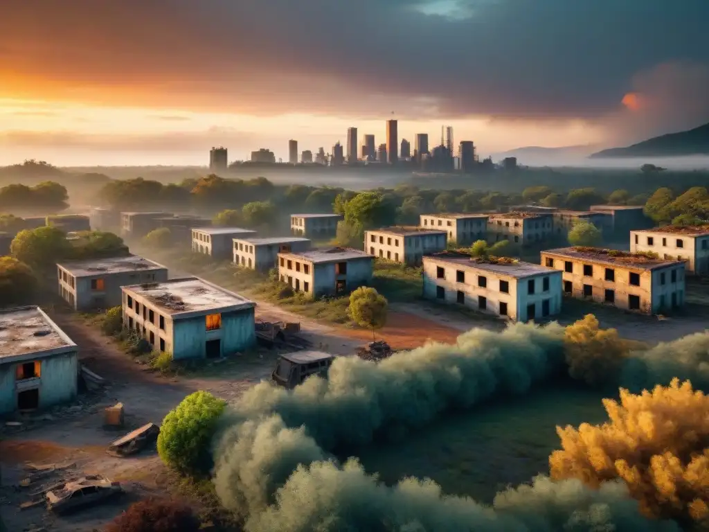 Un grupo de supervivientes fortificando en un paisaje postapocalíptico al atardecer