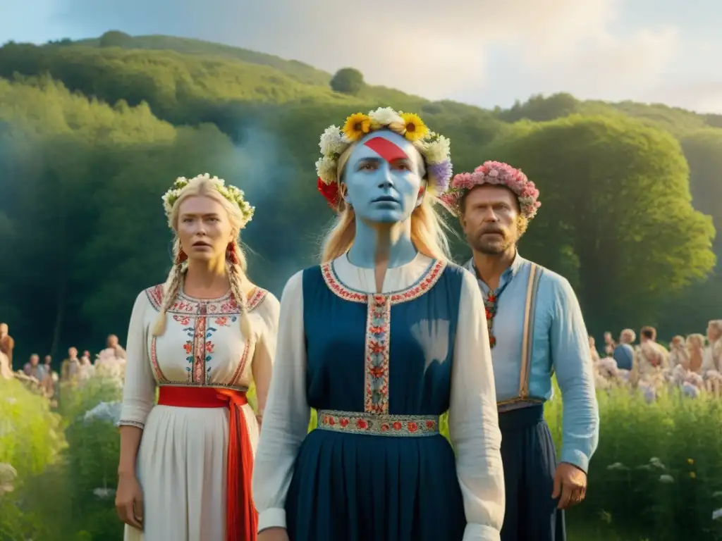 Un grupo en trajes tradicionales danza alrededor del maypole en un campo soleado, evocando el folklore escandinavo en Midsommar