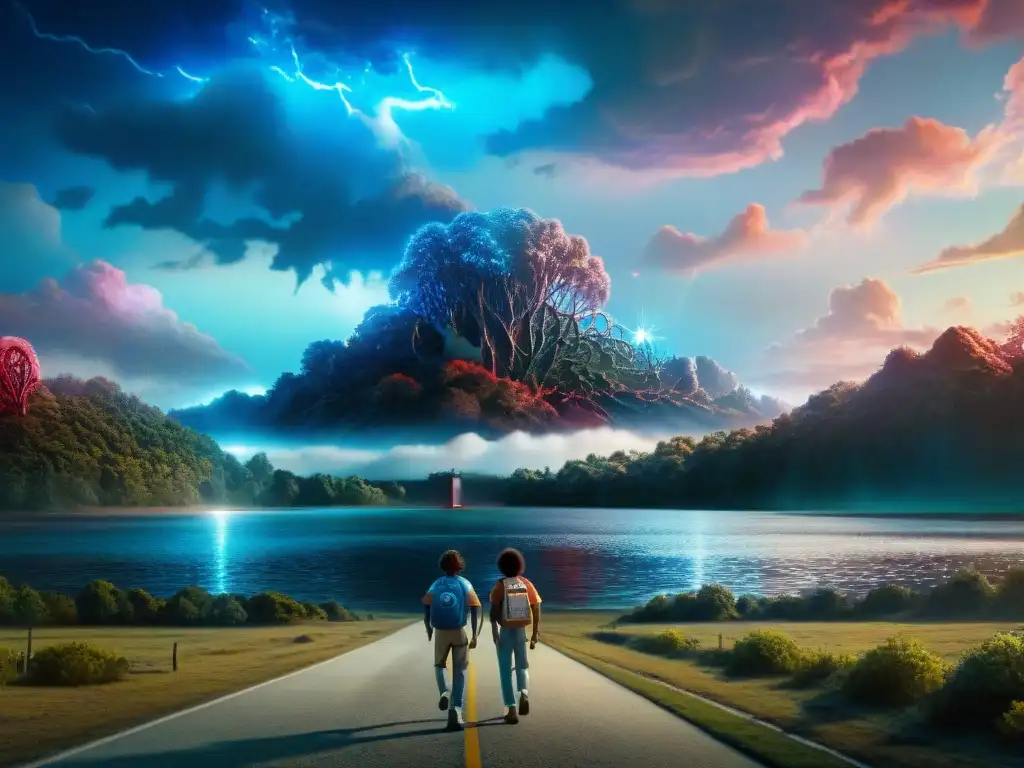 Grupo de 'Stranger Things' explorando un universo alternativo misterioso, en tonos azules