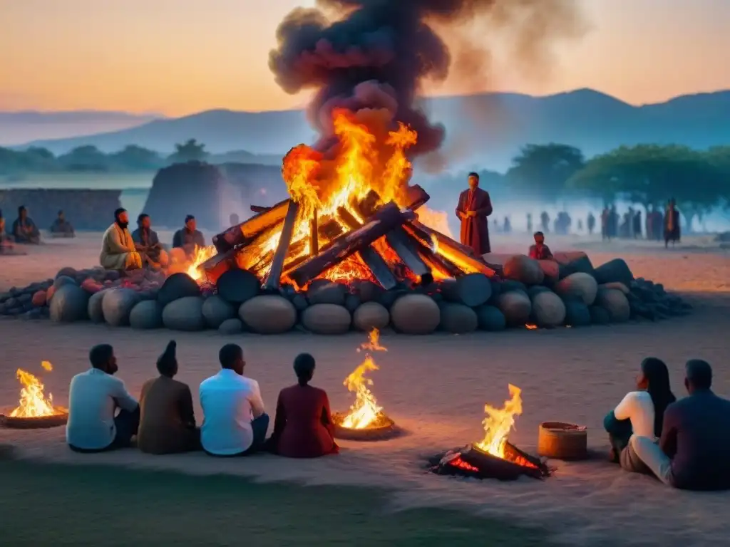 Un grupo variado alrededor de la hoguera al atardecer, reflejando emociones diversas