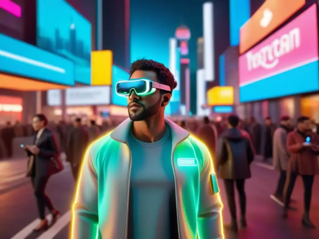 Un grupo variado de personajes con gafas de realidad aumentada en una ciudad futurista llena de hologramas y luces de neón