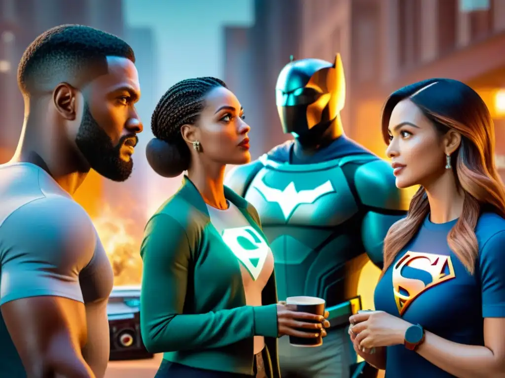 Un grupo variado de personajes de ficción interactúa con merchandising personalizado en un escenario vibrante y envolvente