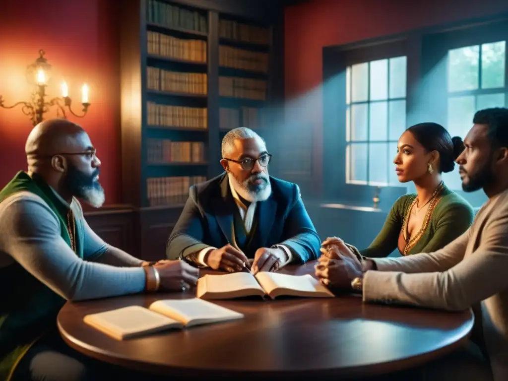 Un grupo variado de personajes discute animadamente en una sala de libros iluminada de forma tenue, analizando la psicología de personajes de fantasía