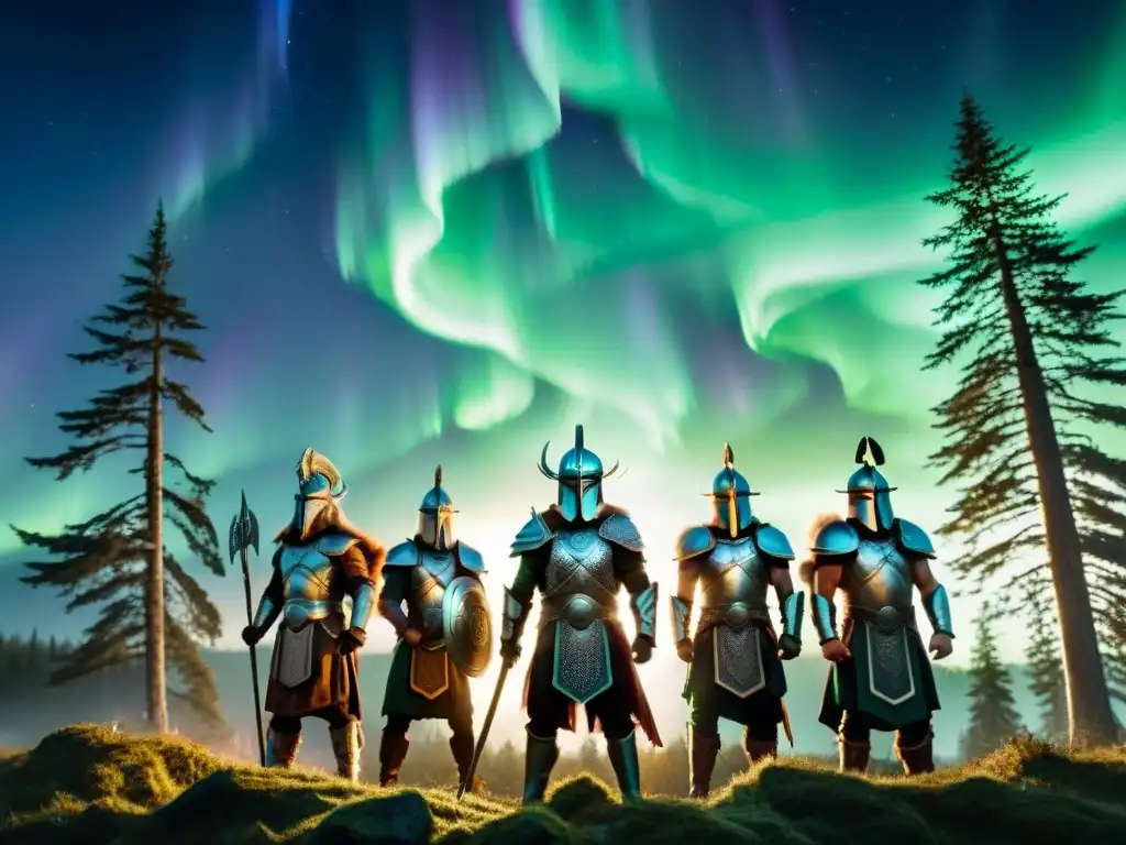 Guardianes místicos de civilizaciones antiguas protegiendo bajo la aurora boreal en un bosque místico