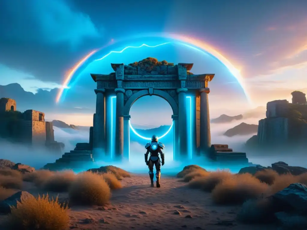 Guardianes protegen portal interdimensional en paisaje místico