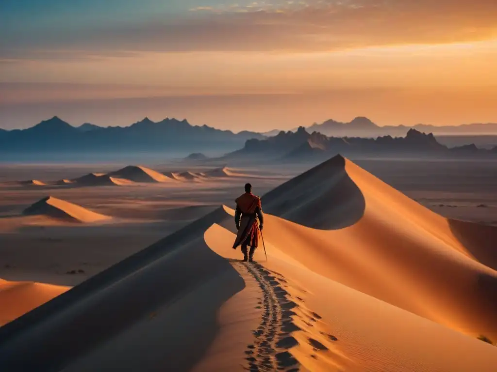 Un guerrero fremen en el desierto de Arrakis al atardecer, evocando mitologías originales en Dune