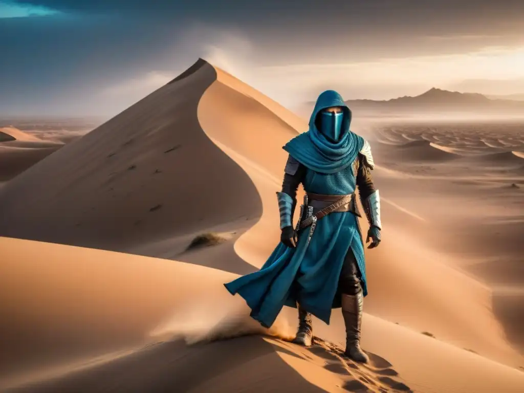 Un guerrero fremen se alza en medio de una tormenta de arena en Arrakis, con sus ojos azules penetrantes y su criknife listo