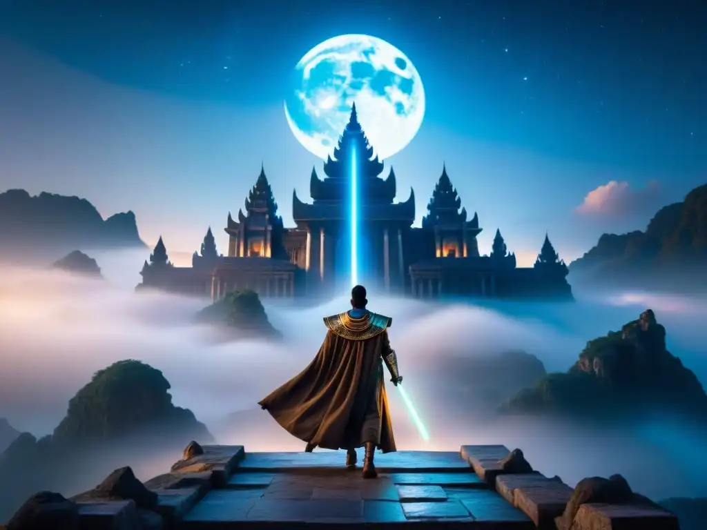Templo ancestral iluminado por sable de luz en noche estrellada Un guerrero solitario con un sable de luz en un templo antiguo, evocando la reinvención de la mitología antigua de Star Wars