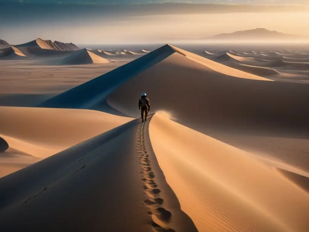 Un guerrero solitario camina hacia un sietch en un paisaje desértico de Arrakis