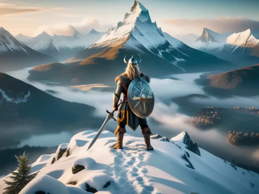 Vikingo épico en la cima: ilustración en 8k Un guerrero vikingo en lo alto de una montaña nevada con paisaje místico