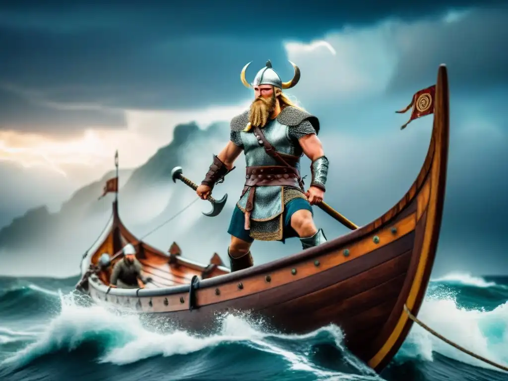 Vikingo feroz en barco: tormenta y determinación Un guerrero vikingo en un barco con tormenta en el fondo: Mitologías inspiradoras en universos ficticios