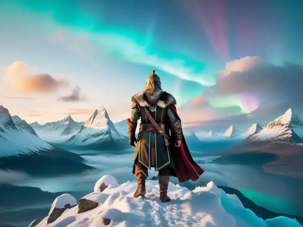 Guerrero vikingo en la cima nevada, observando la majestuosa tierra nórdica bajo la Aurora Boreal