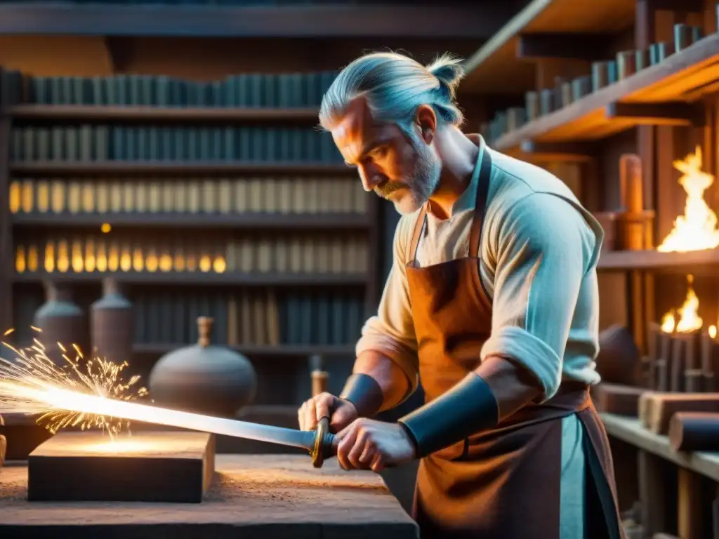 Un hábil forjador de espadas replicas famosas trabaja con maestría en un taller iluminado por brasas, rodeado de herramientas antiguas