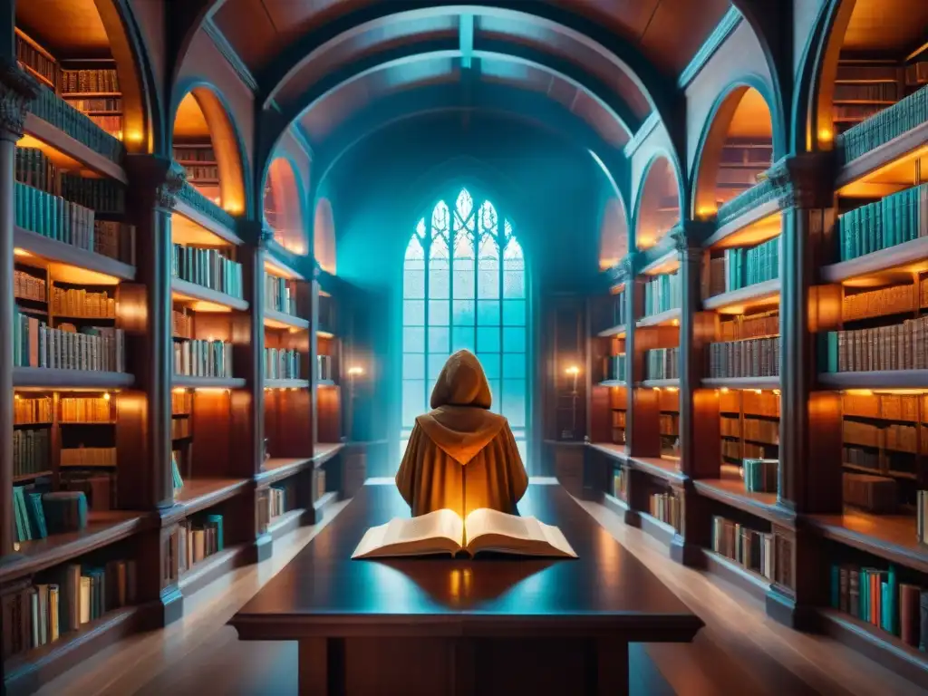 Un hechicero en una biblioteca mística tocando un libro brillante con runas, rodeado de estantes de antiguos tomos iluminados por orbes encantados