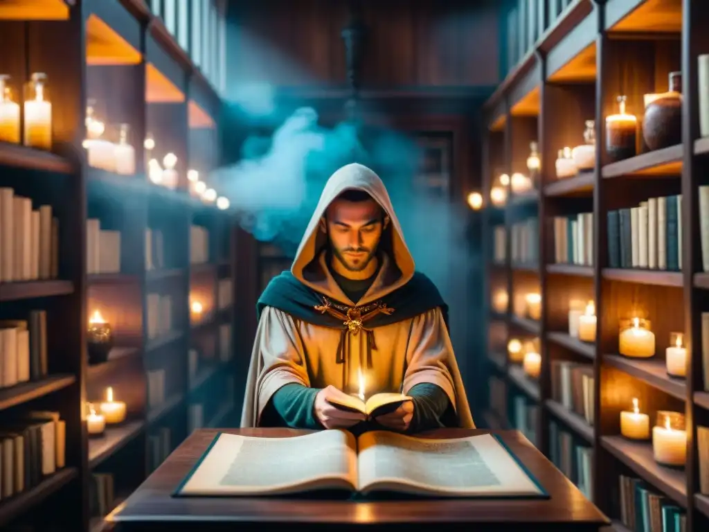 Un hechicero estudia un diagrama mágico en una biblioteca llena de libros y velas, creando un ambiente de conocimiento arcano