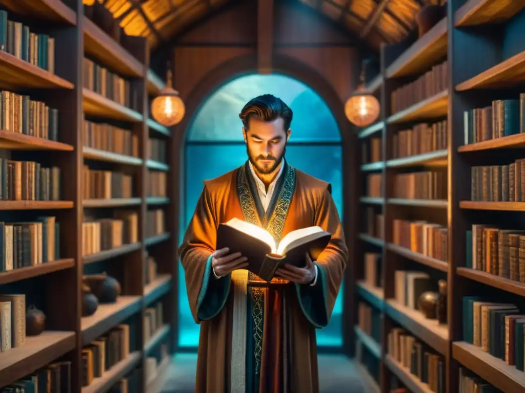 Magia en la biblioteca: el hechicero y sus antiguos grimorios Un hechicero concentra su estudio en un antiguo libro iluminado por una vela, rodeado de libros y pergaminos en una biblioteca mística