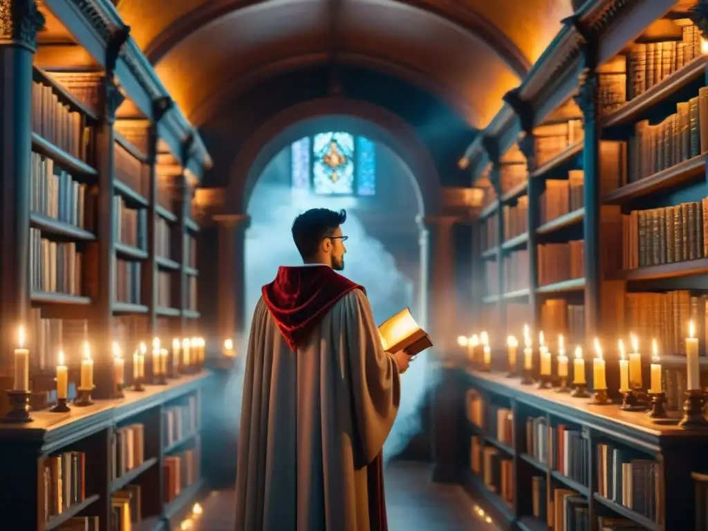 Un hechizante equilibrio entre magia y ciencia en una biblioteca nocturna iluminada por velas