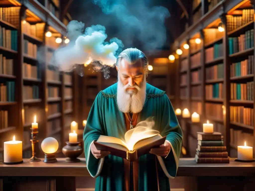 Un hechizante escenario se revela en la imagen: una biblioteca mística iluminada por velas, repleta de antiguos tomos y energía mágica