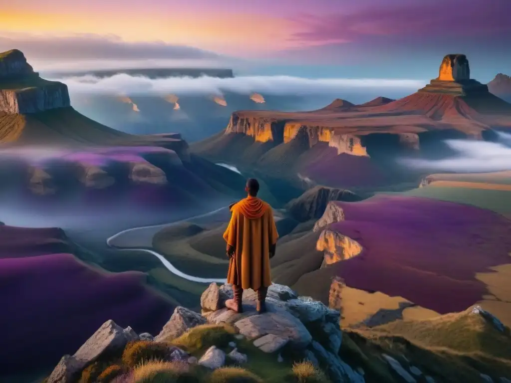 Un héroe inesperado contempla un paisaje misterioso al atardecer, reflejando la evolución del protagonista en narrativa