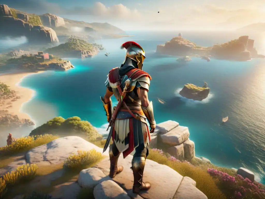 Un héroe en Assassin's Creed Odyssey contempla el mar Egeo al atardecer