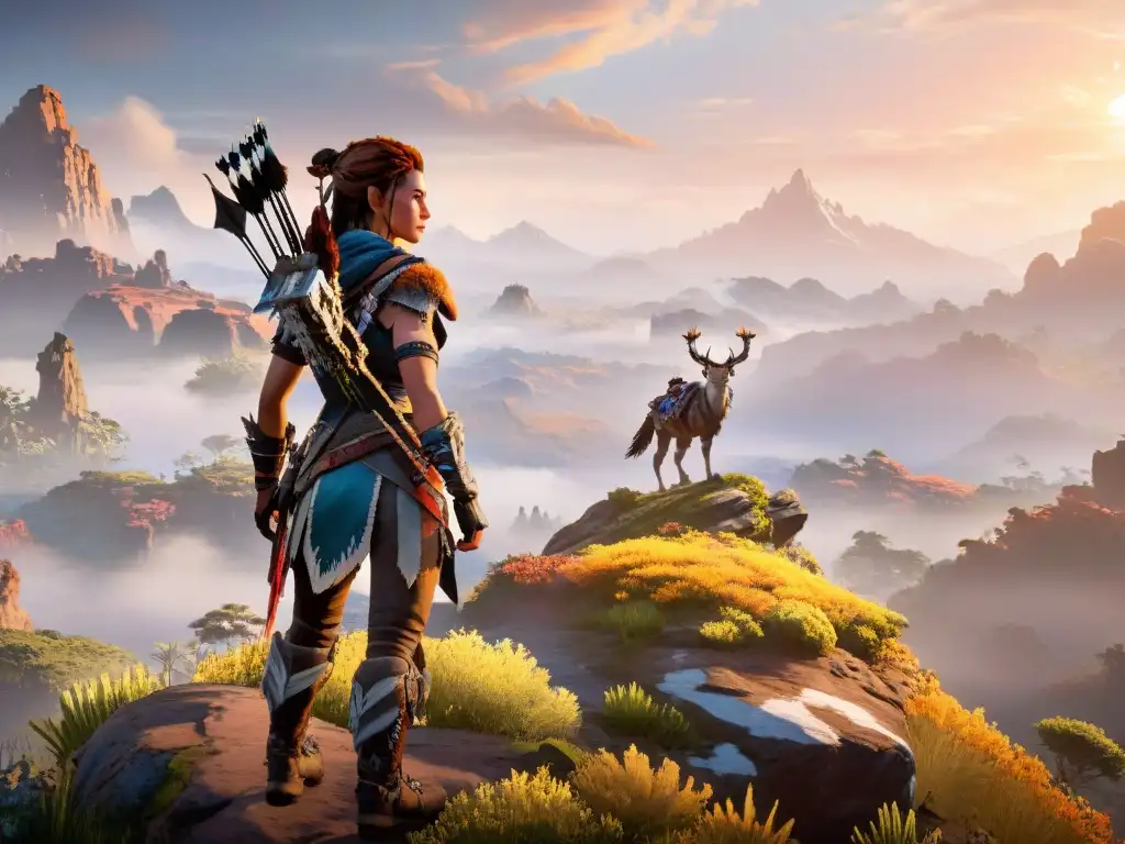 Aloy en la cima: belleza y peligro en Horizon Zero Dawn Aloy, la heroína de Horizon Zero Dawn, en un acantilado, lista para explorar un mundo cautivador y peligroso
