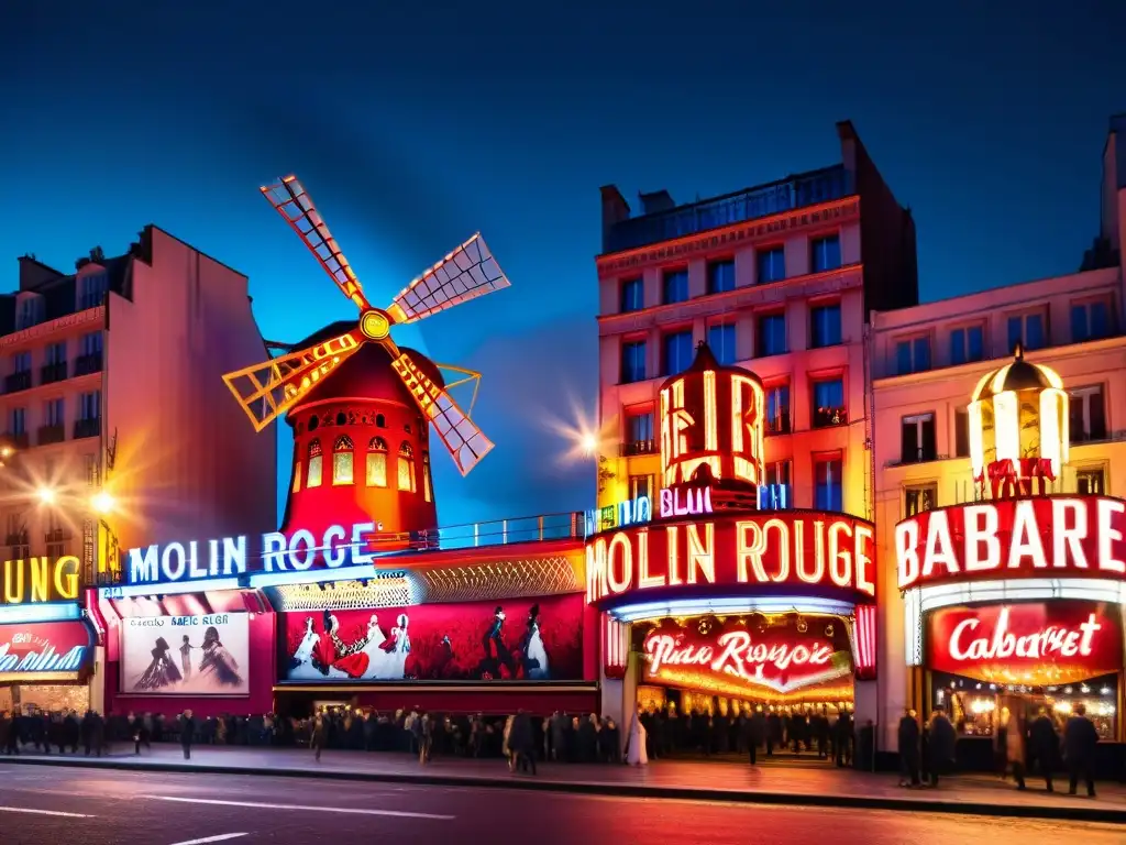 La historia del cabaret parisino cobra vida en la icónica imagen del Moulin Rouge iluminado en la noche parisina