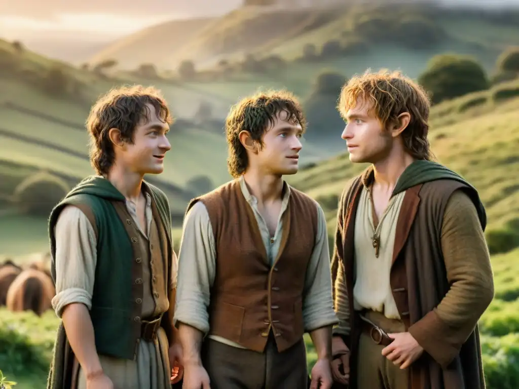 Cuatro hobbits en los campos verdes de la Comarca al atardecer, resaltando lecciones de amistad en Middle-earth