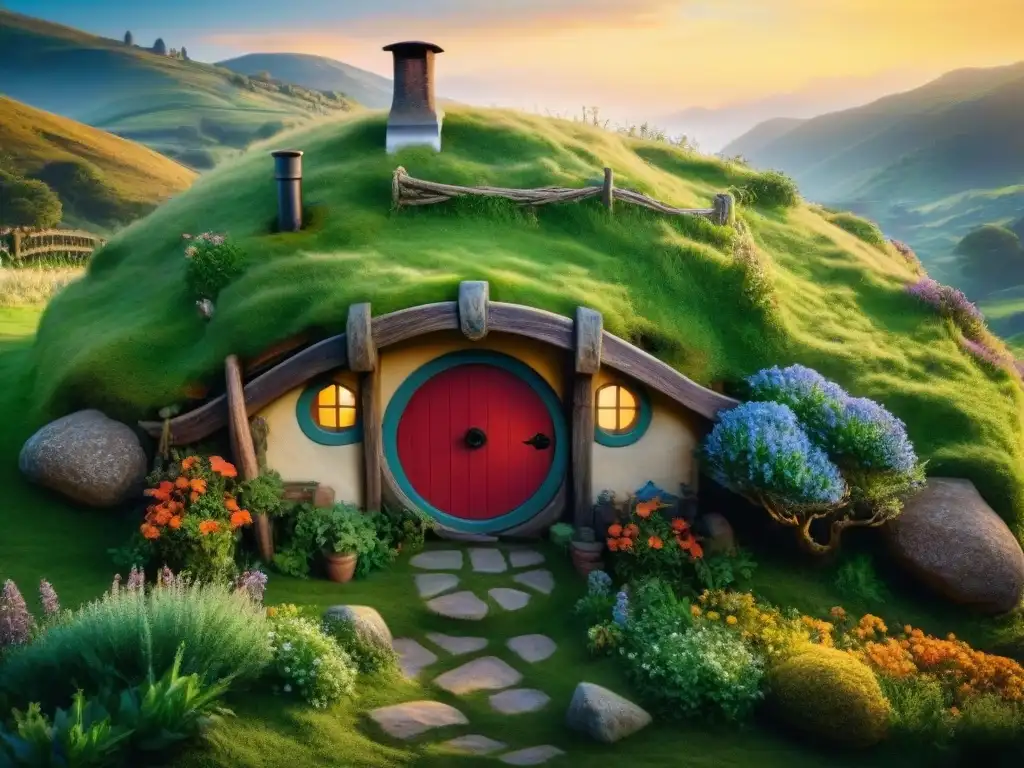 Un hogar hobbit acogedor en una colina verde, con puerta redonda y luz cálida