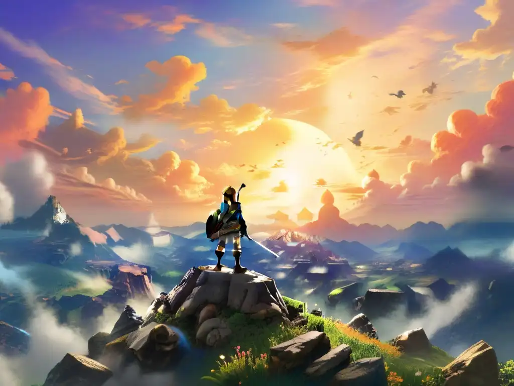 Link contempla el horizonte en Hyrule al atardecer, sumergiendo al espectador en exploración en mundos ficticios profundos