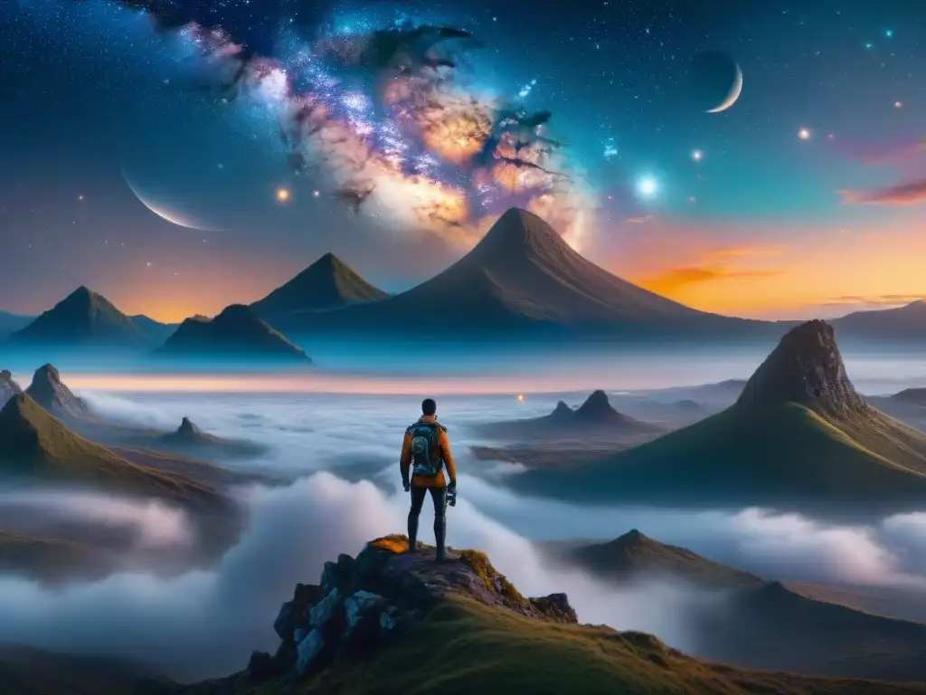 Un horizonte vasto y celestial con figuras en la distancia, revelación de mundos ficticios