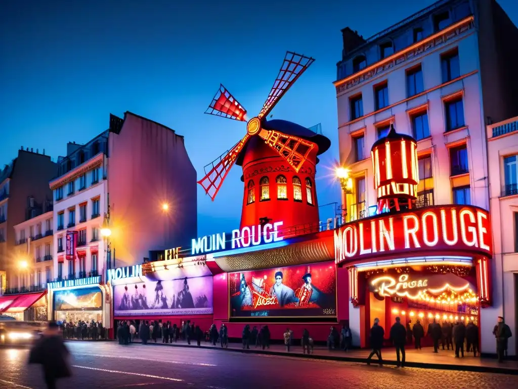 La icónica historia del cabaret parisino cobra vida en la imagen detallada del Moulin Rouge al anochecer, envuelto en un misterioso resplandor púrpura