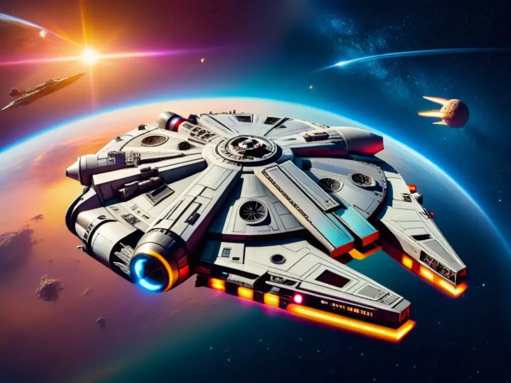 La icónica nave Millennium Falcon surca una galaxia vibrante, reflejando el legado Star Wars Ciencia Ficción en una imagen épica