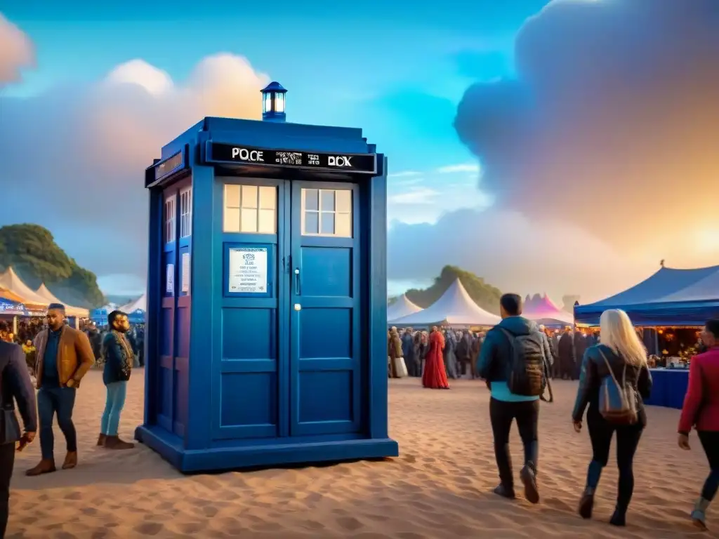 La icónica TARDIS materializándose en un bullicioso mercado alienígena, en medio de criaturas peculiares y tecnología futurista