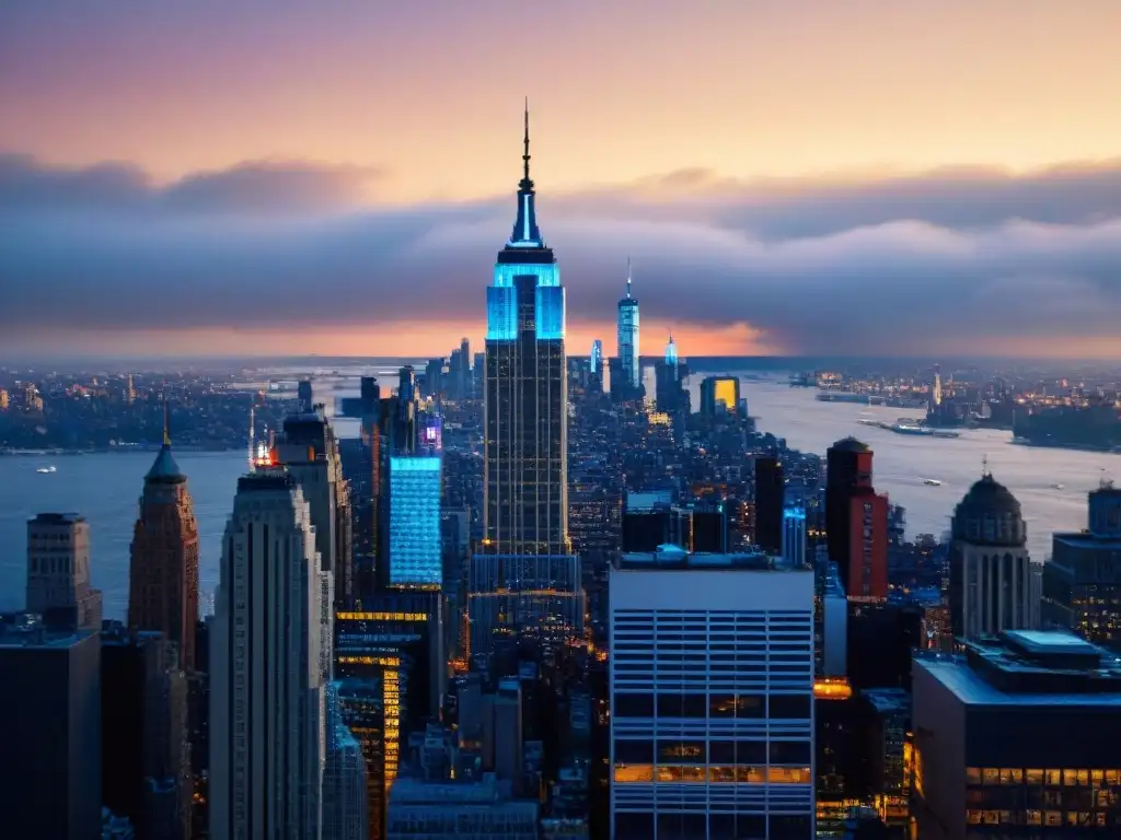 El icónico horizonte de Nueva York al atardecer con puntos de referencia como el Empire State y la Estatua de la Libertad iluminados