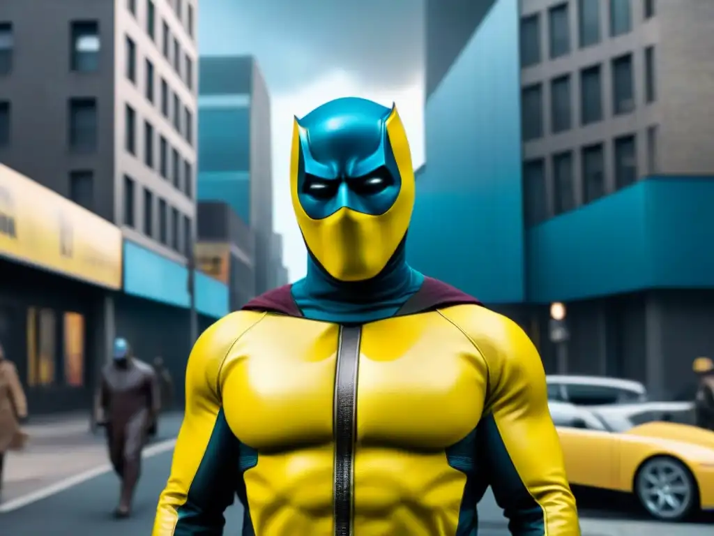 El icónico emblema amarillo de 'Watchmen' en contraste con la escena urbana de la serie HBO, simbolizando la reinterpretación de la serie