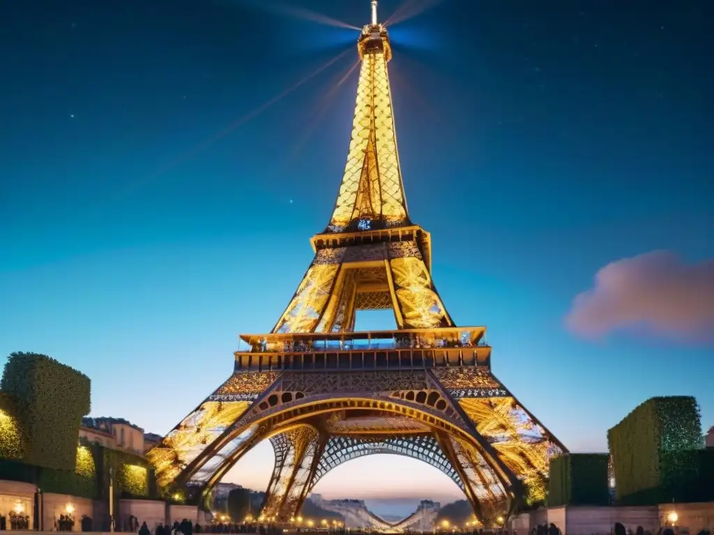 La Eiffel Tower iluminada de noche, con un filtro cinematográfico que evoca la influencia de París en cine