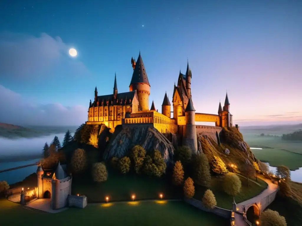 Hogwarts Castle iluminado por la noche, con aura mágica y misteriosa