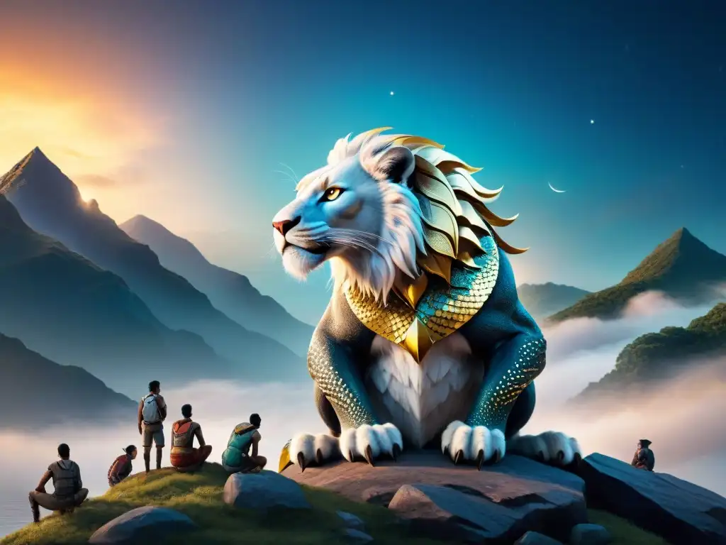 Una ilustración detallada y cautivadora de una criatura mítica, con escamas intrincadas brillando bajo un cielo iluminado por la luna, sus ojos reflejando una mezcla de sabiduría y tristeza mientras vela por un grupo de personajes diversos reunidos para consuelo y
