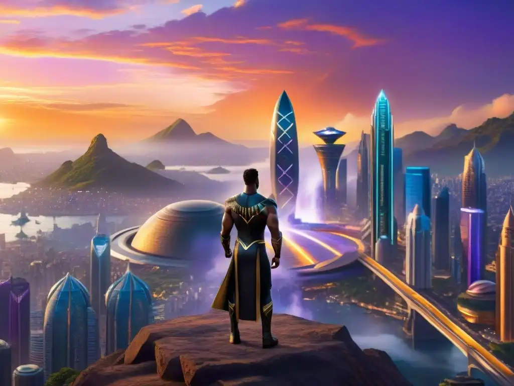 Una ilustración detallada y cinematográfica de la majestuosa ciudad de Wakanda al atardecer, fusionando la cultura wakanda con tecnología avanzada