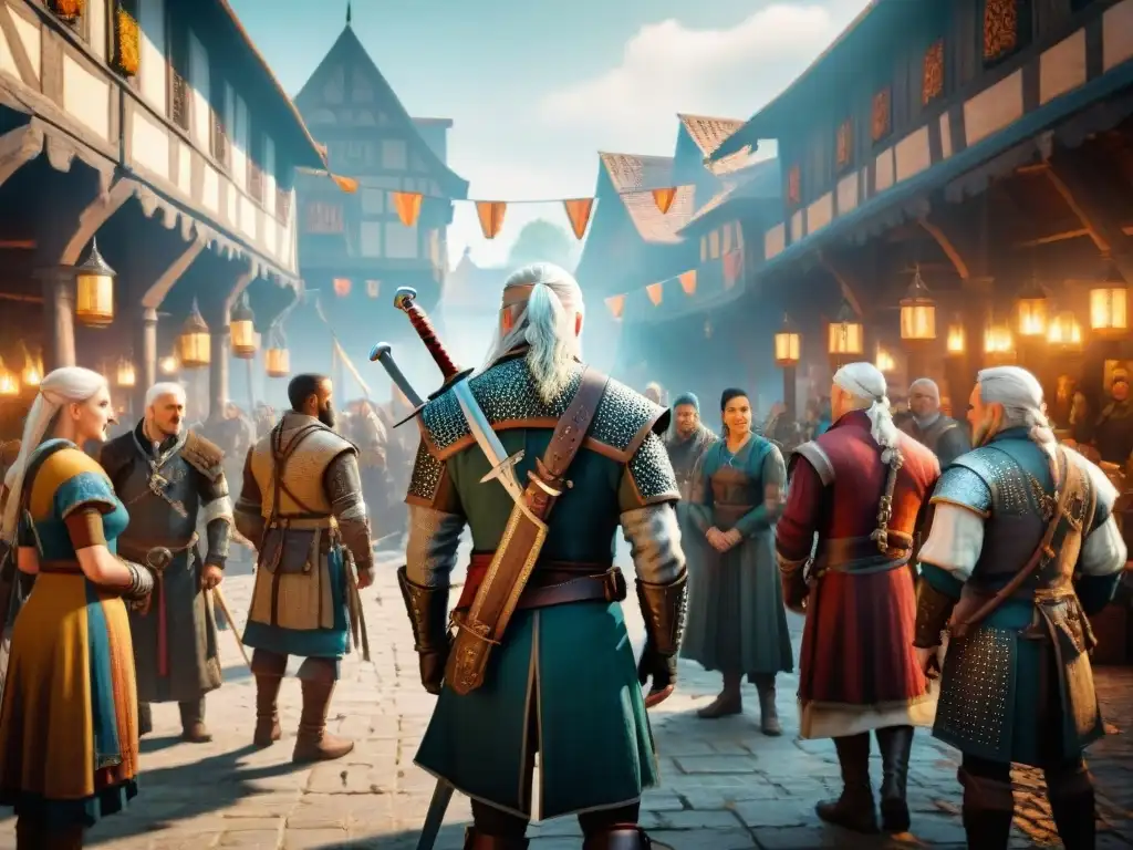 Una ilustración detallada del diverso universo de The Witcher, con personajes de distintas culturas intercambiando en un bullicioso mercado